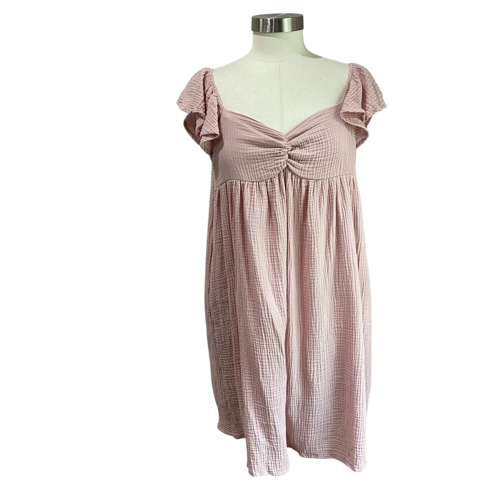 Ces Femme Pink Gauze Mini‎ Dress M Short Sleeve Solid Flowy Boho Casual